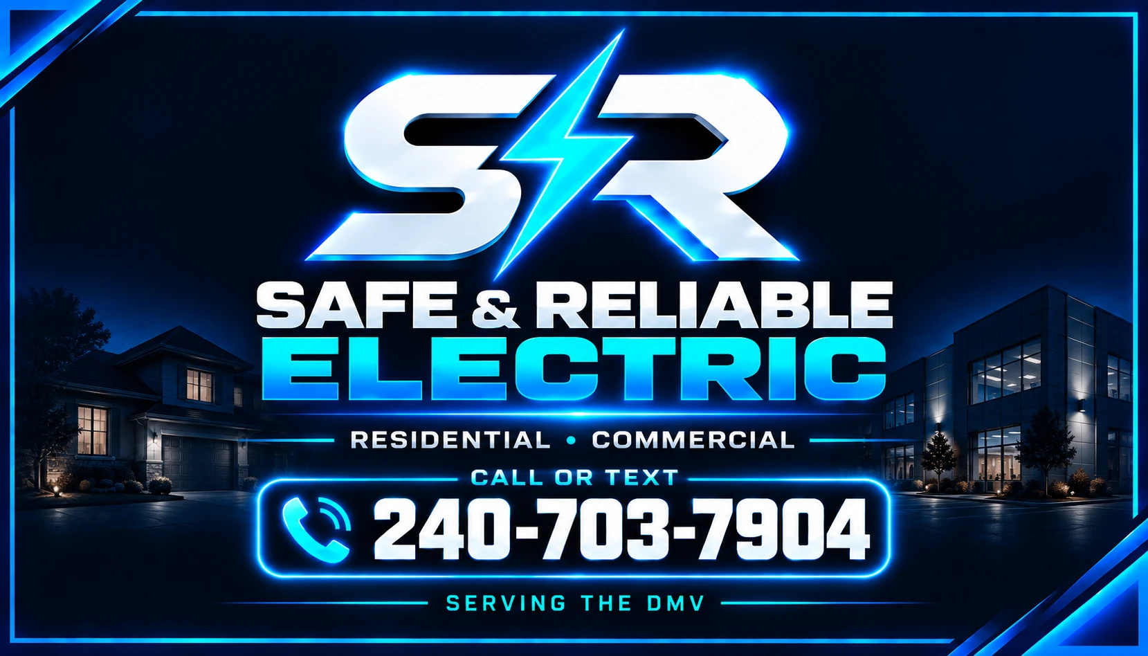 Safe & Reliable Electric blue and silver lightning-bolt branding. Call or text 240-703-7904. Serving the DMV and more.