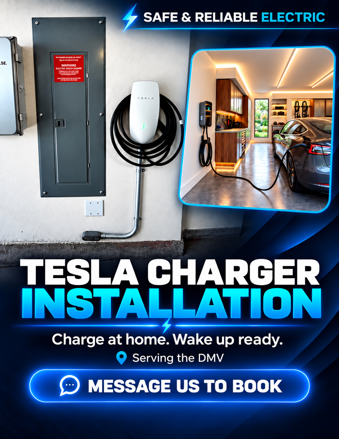 Safe & Reliable Electric blue Tesla charger installation showcase featuring a wall-mounted charger beside an electrical panel and an inset garage scene.